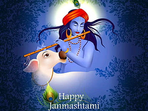 Krishna Playing Flute with White Cow in Blue Forest Setting HD wallpaper