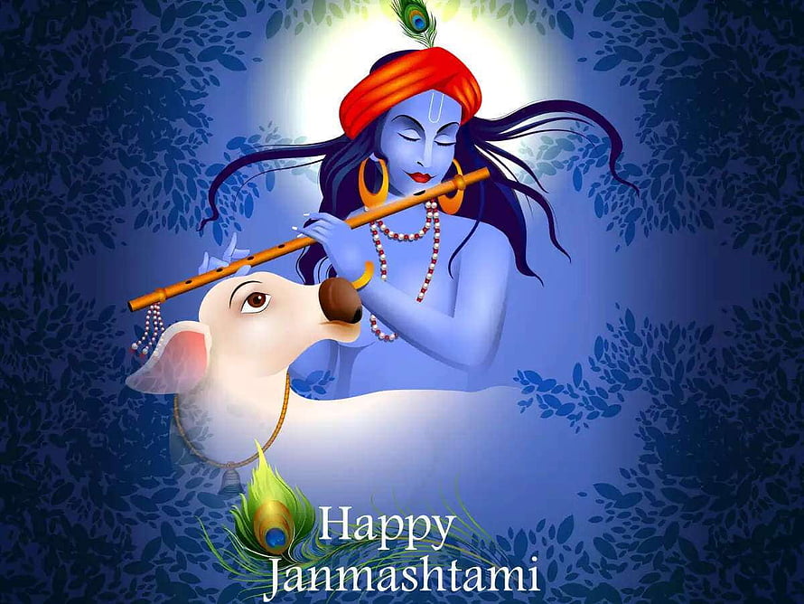 Krishna Playing Flute with White Cow in Blue Forest Setting HD wallpaper