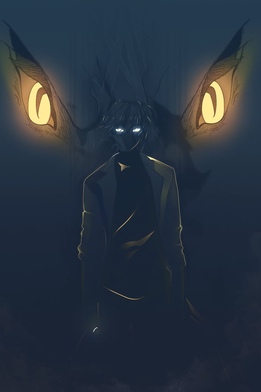 Arthur Leywin Menacing Character Art with Glowing Eyes and Shadowy Beast HD phone wallpaper