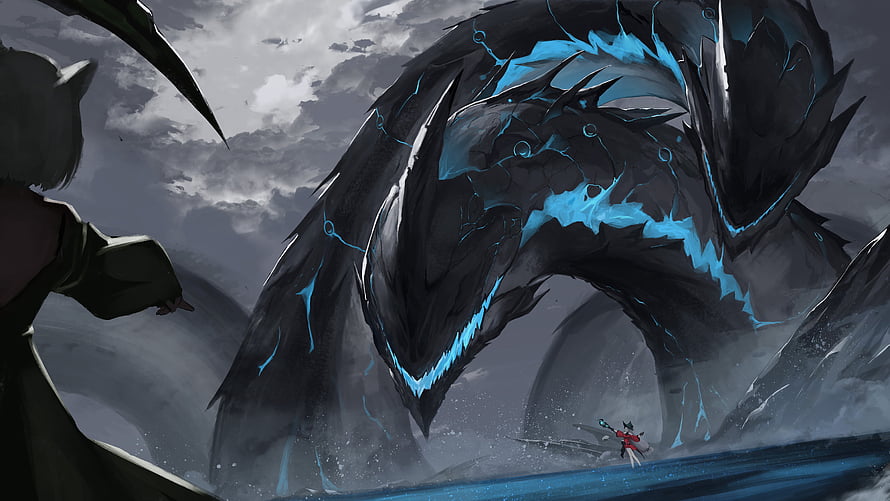 Arknights Skadi and Kal'tsit Confronting a Massive Dark Dragon with Blue Energy Veins HD wallpaper