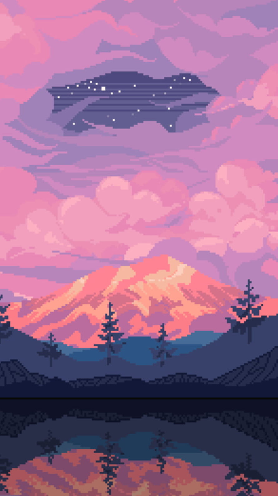 Pink Pixel Art Mountain Landscape with Starry Sky and Pine Trees HD phone wallpaper
