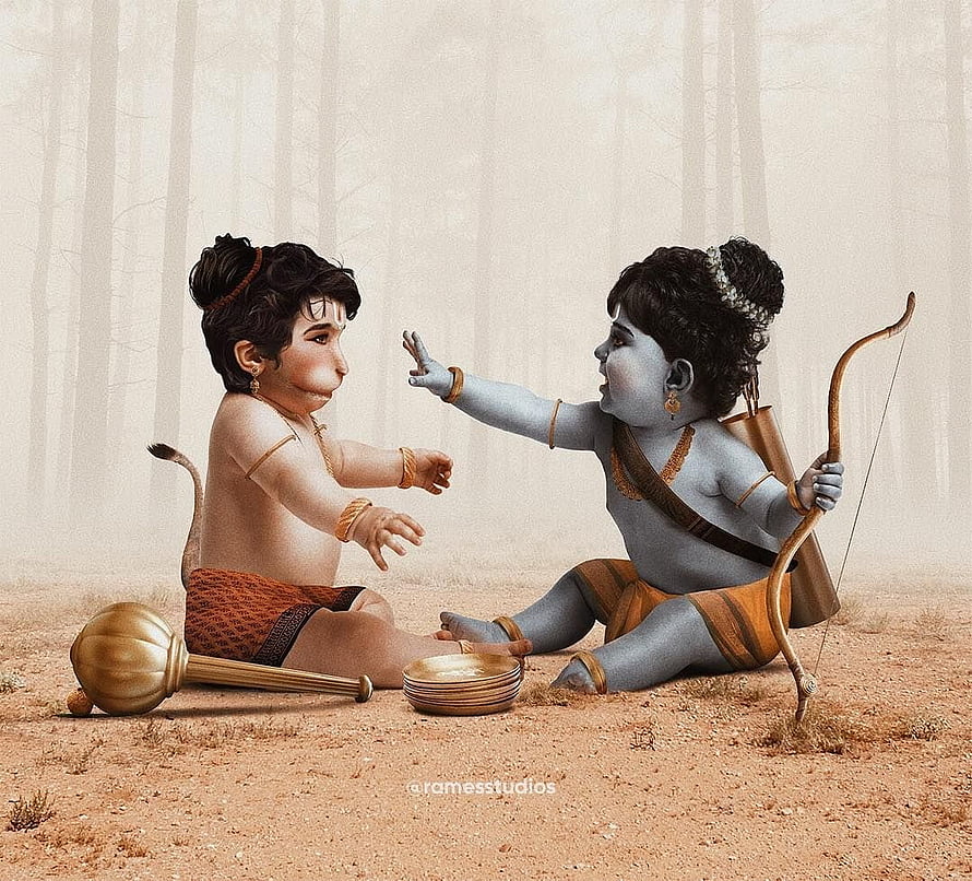 Baby Hanuman and Baby Krishna Playing Together in a Misty Forest HD wallpaper