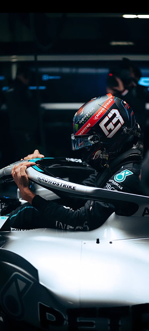 George Russell in Mercedes F1 Helmet and Racing Suit HD phone wallpaper