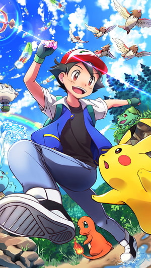Ash Ketchum and Pikachu Adventure with Starter Pokemon in Vibrant Anime Landscape HD phone wallpaper