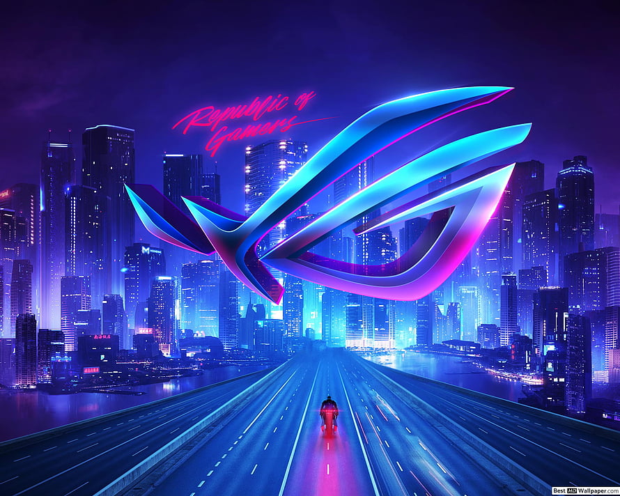 Asus Republic of Gamers Cyberpunk Cityscape with Neon Highway and Futuristic Skyline HD wallpaper