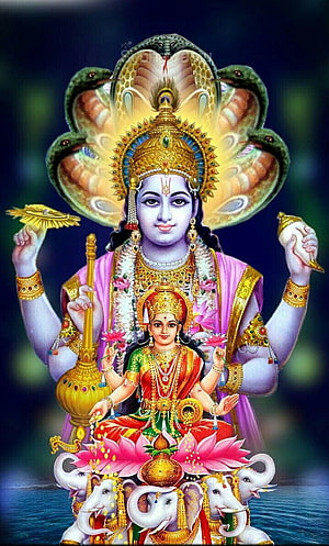 Goddess Lakshmi Seated on Lotus with Multi-Headed Serpent Canopy and White Elephants HD phone wallpaper