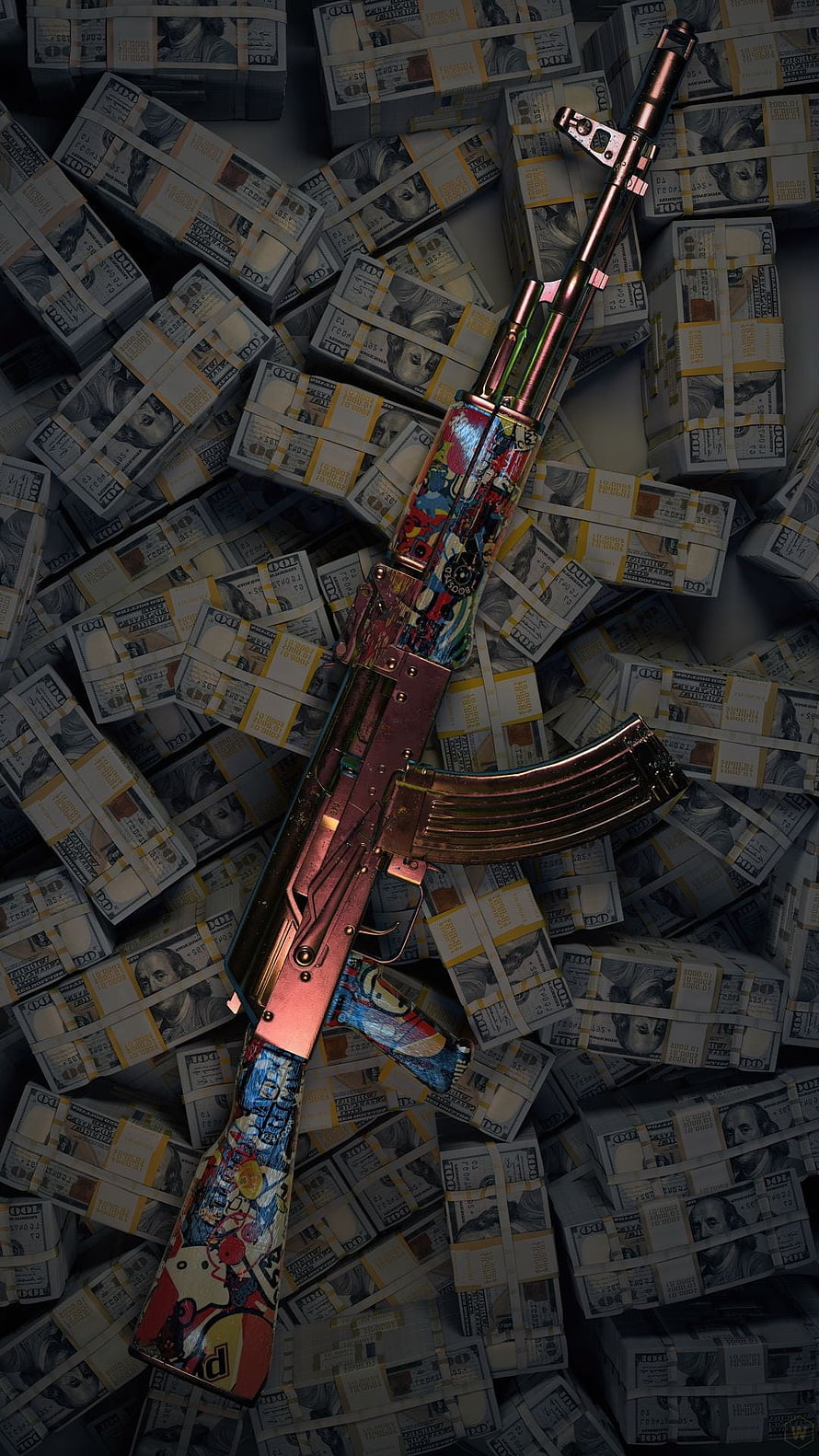 Custom Painted AK-47 Rifle Resting on Stacks of US Dollar Bills HD phone wallpaper