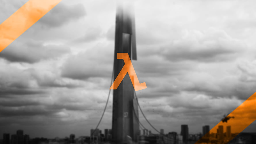 Half-Life 2 Lambda Logo Over Black and White City Skyline with Orange Diagonal Accents HD wallpaper