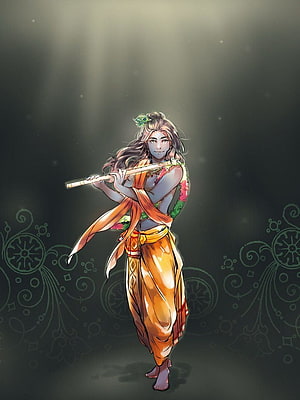 Krishna Playing Flute in Traditional Attire with Peacock Feather and Floral Garland HD phone wallpaper