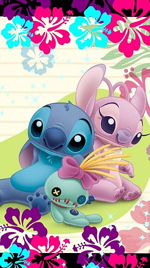 Stitch, Angel, and Sparky from Lilo and Stitch in a Cute Kawaii Floral Illustration HD phone wallpaper