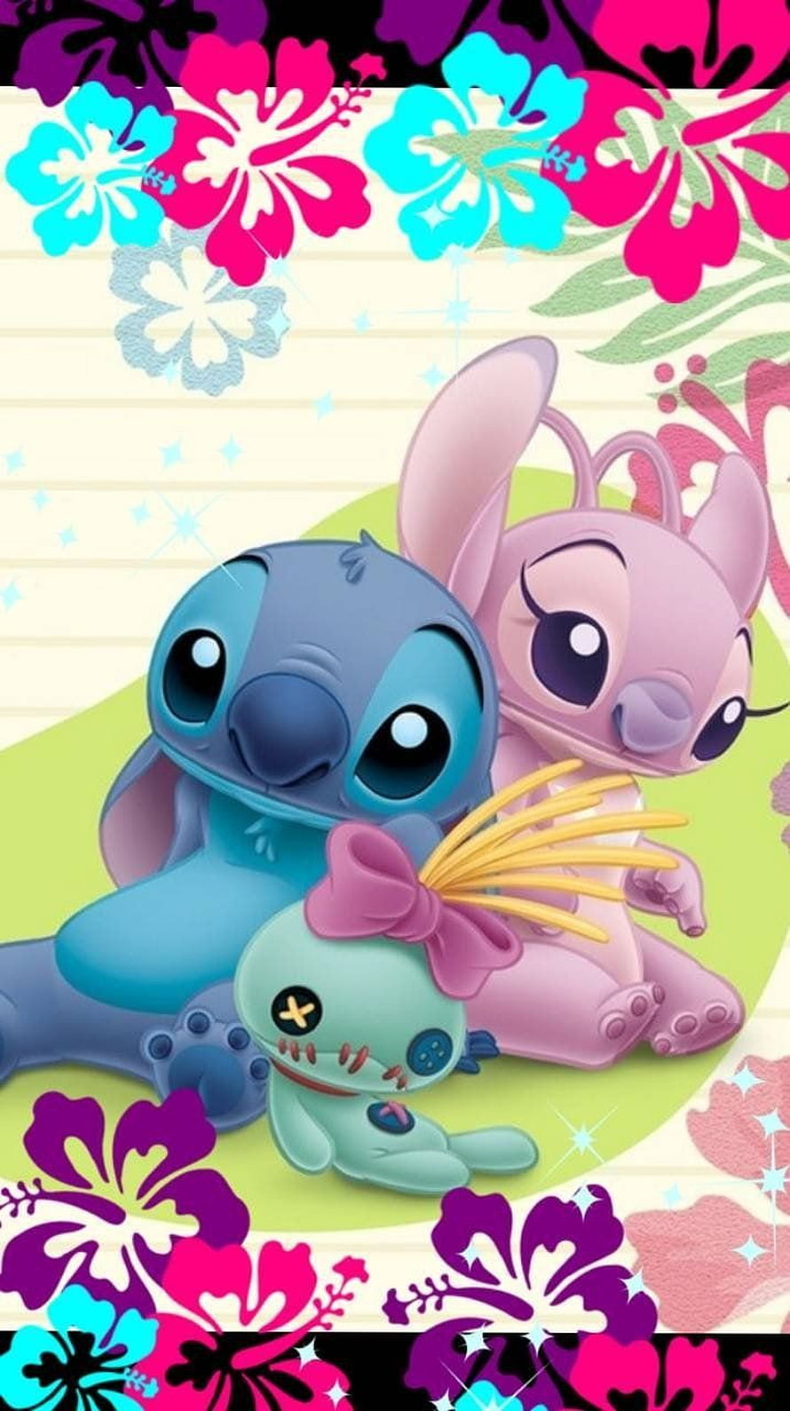 Stitch, Angel, and Sparky from Lilo and Stitch in a Cute Kawaii Floral Illustration HD phone wallpaper