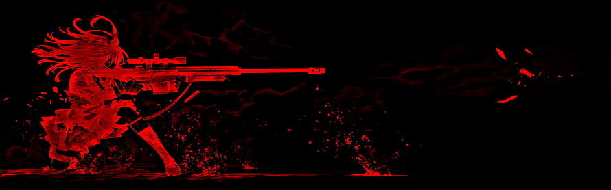 Red Silhouette of Anime Girl Aiming Sniper Rifle in Dark Splatter Art HD wallpaper