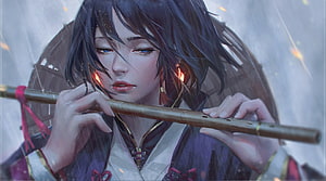 Semi-Realistic Anime Girl Playing Bamboo Flute in the Rain with Blue Eyes HD wallpaper