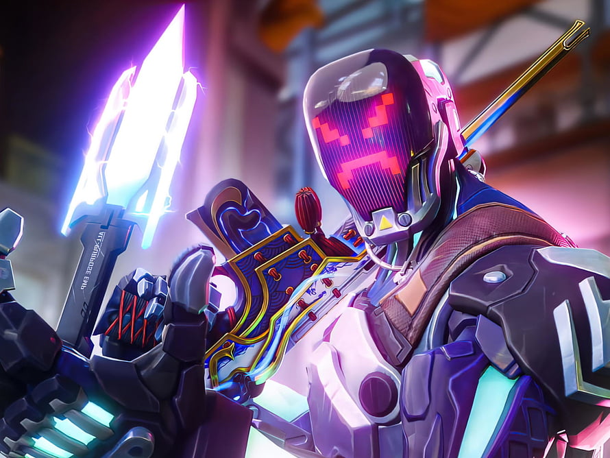 Valorant Agent Kayo Wielding Glowing Blade and Ornate Shield in Neon-Lit Combat Scene HD wallpaper
