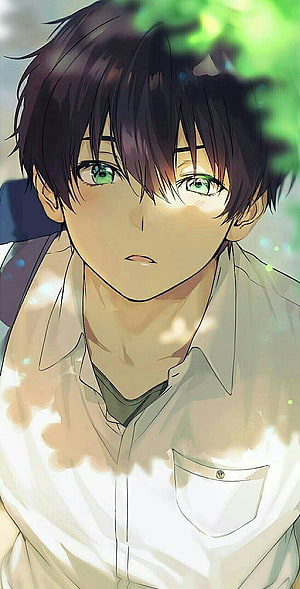 Anime Boy With Green Eyes And Dark Hair In White Shirt HD phone wallpaper