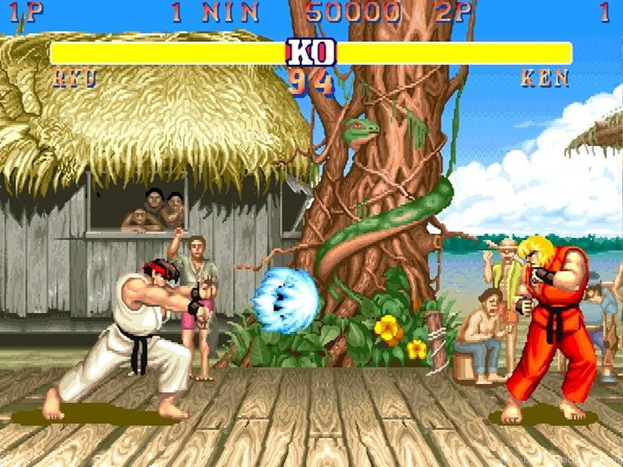 Street Fighter 2 Ryu vs Ken Fighting Scene in Tropical Village Arena HD wallpaper