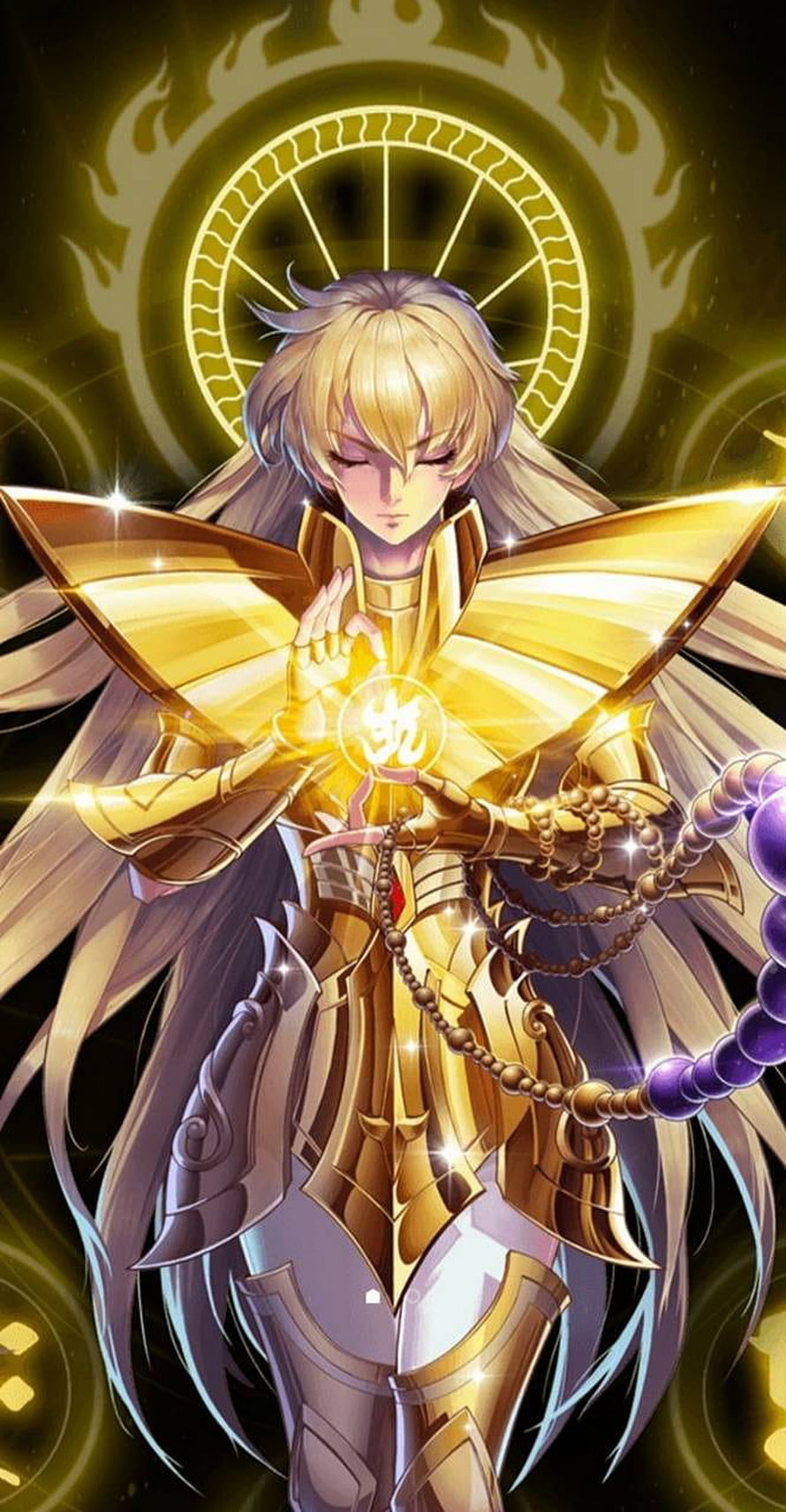 Shaka de Virgo in Golden Armor with Sacred Halo and Prayer Beads HD phone wallpaper