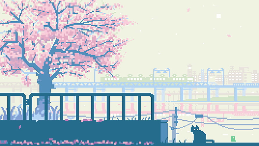 Charming Pixel Art Scene Featuring a Cat, Train, and Blooming Cherry Blossom Tree HD wallpaper