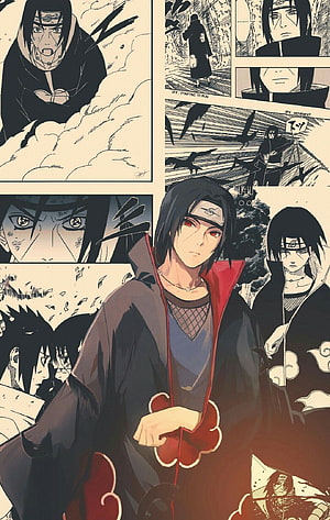 Itachi Uchiha in Akatsuki Cloak with Rinnegan Eyes and Manga Panels HD phone wallpaper