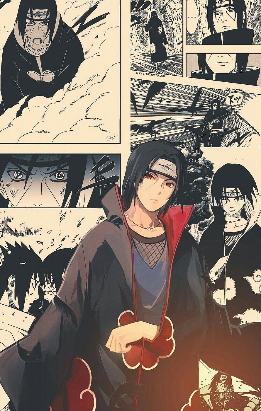 Itachi Uchiha in Akatsuki Cloak with Rinnegan Eyes and Manga Panels HD phone wallpaper