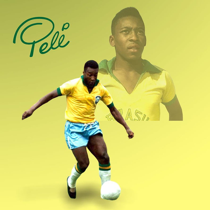 Pele in Classic Brazil Yellow Kit Dribbling Ball with Signature and Portrait Overlay HD phone wallpaper