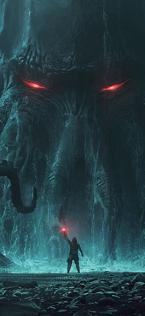 Colossal Cthulhu Monster With Glowing Red Eyes Towering Over Lone Warrior HD phone wallpaper