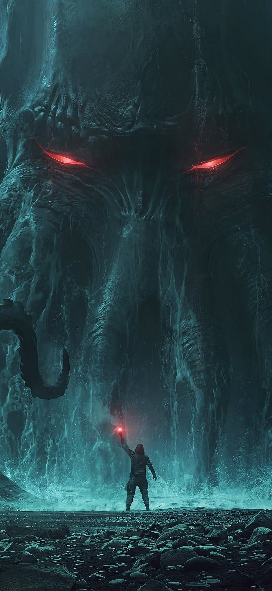 Colossal Cthulhu Monster With Glowing Red Eyes Towering Over Lone Warrior HD phone wallpaper
