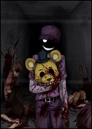 Five Nights at Freddy's Purple Guy Holding Bloodied Freddy Fazbear in Dark Horror Scene HD phone wallpaper
