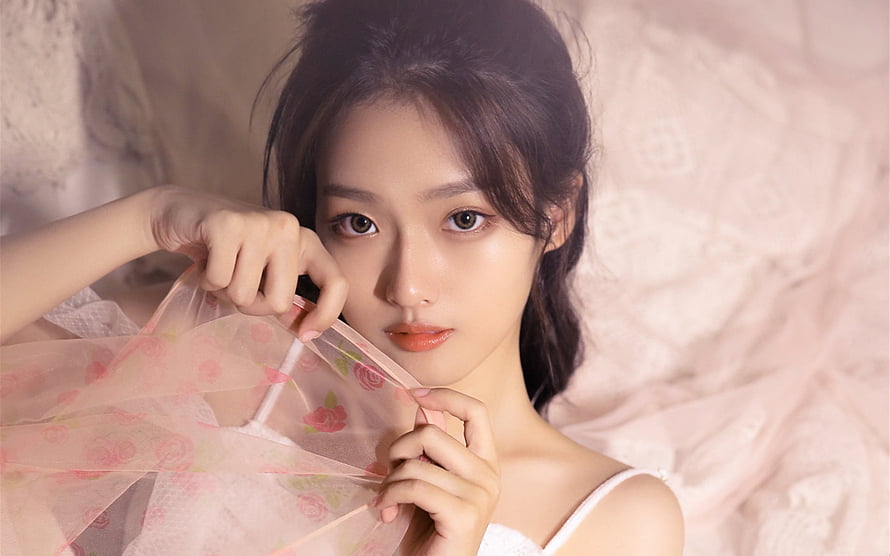 Soft Portrait of a Young Woman Holding Floral Tulle Fabric HD wallpaper