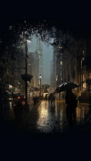 Moody Rainy City Street at Night with Silhouetted Pedestrians and Umbrellas HD phone wallpaper