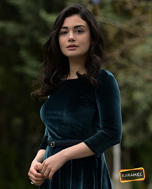 Özge Yağız in Yemin Wearing a Dark Green Velvet Dress with a Black Belt HD phone wallpaper