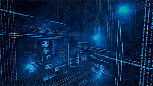 Abstract Digital Data Stream Visualization with Glowing Blue Grid and Code Fragments HD wallpaper