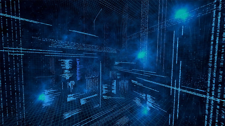 Abstract Digital Data Stream Visualization with Glowing Blue Grid and Code Fragments HD wallpaper