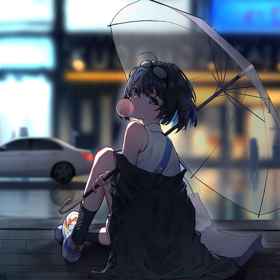 Anime Girl Sitting in the Rain with Transparent Umbrella and Bubblegum HD phone wallpaper