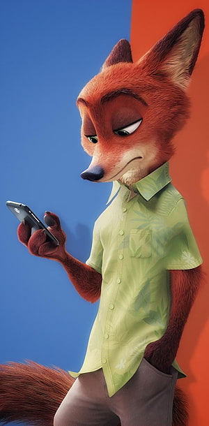Nick Wilde from Zootopia Checking Phone in Green Shirt Against Blue and Orange Background HD phone wallpaper