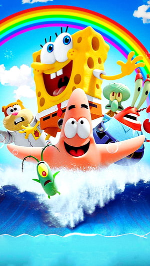 SpongeBob SquarePants Movie Cast Flying Through Ocean Waves Under Rainbow Sky HD phone wallpaper