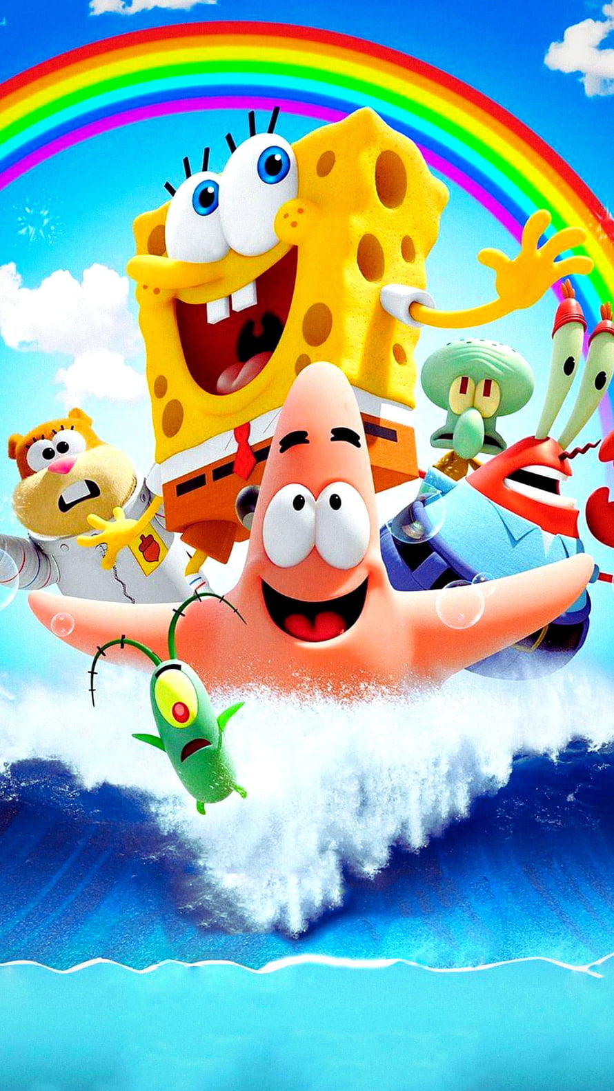 SpongeBob SquarePants Movie Cast Flying Through Ocean Waves Under Rainbow Sky HD phone wallpaper