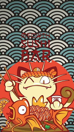Meowth Sushi Bar Retro Japanese Wave Pattern Cartoon Poster HD phone wallpaper