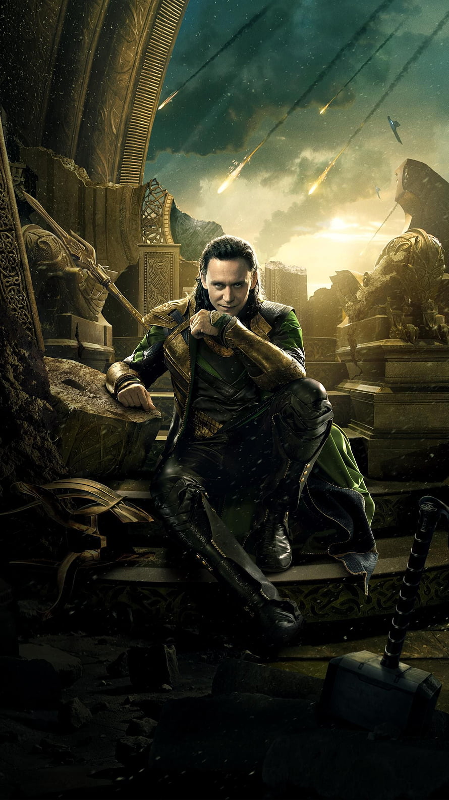 Loki from Thor The Dark World Sitting on Ruined Throne with Mjolnir in Foreground HD phone wallpaper