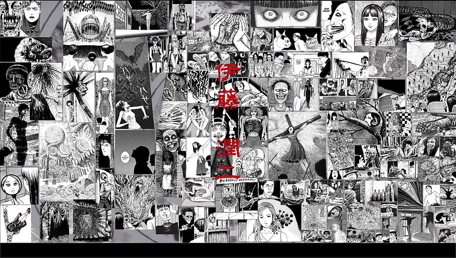 Junji Ito Manga Artwork Collage Featuring Horror Illustrations and Dark Fantasy Scenes HD wallpaper