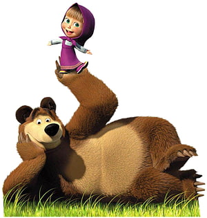 Masha and the Bear 3D Animation Wallpaper with Girl in Purple Hoodie on Grass HD phone wallpaper
