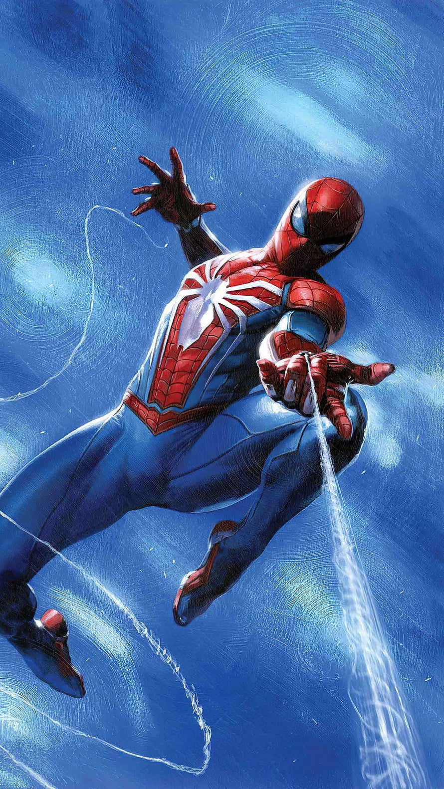 Spider-Man Swinging Through Blue Sky in Classic Comic Art Style HD phone wallpaper