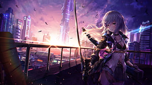 Android Ultra Anime Girl Standing on Rooftop with Sword in Neon Cyberpunk City HD wallpaper