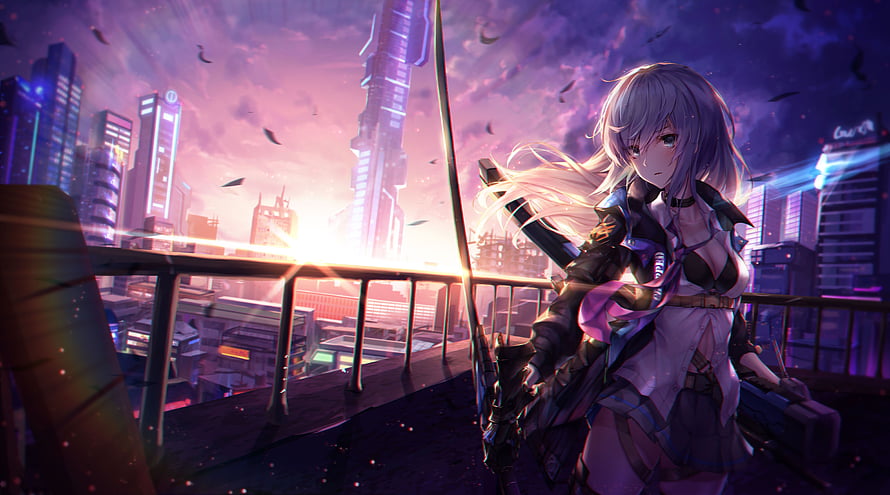Android Ultra Anime Girl Standing on Rooftop with Sword in Neon Cyberpunk City HD wallpaper