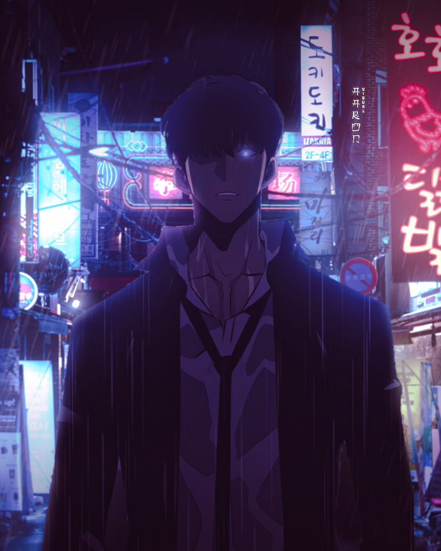 Sung Jinwoo from Solo Leveling Standing in a Rainy Neon-Lit City Street at Night HD phone wallpaper