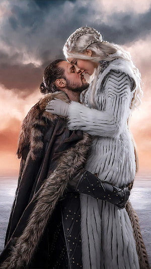 Jon Snow and Daenerys Targaryen Embrace in Winter Fur Coats HD phone wallpaper