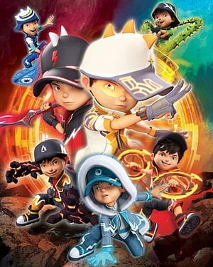 BoBoiBoy Supra Animated Team Poster with Dynamic Action Heroes and Elemental Powers HD phone wallpaper