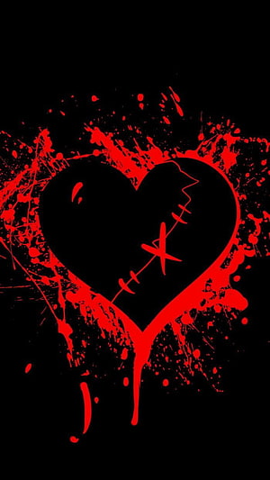 Gothic Broken Heart with Red Splatter and Stitches on Black Background HD phone wallpaper