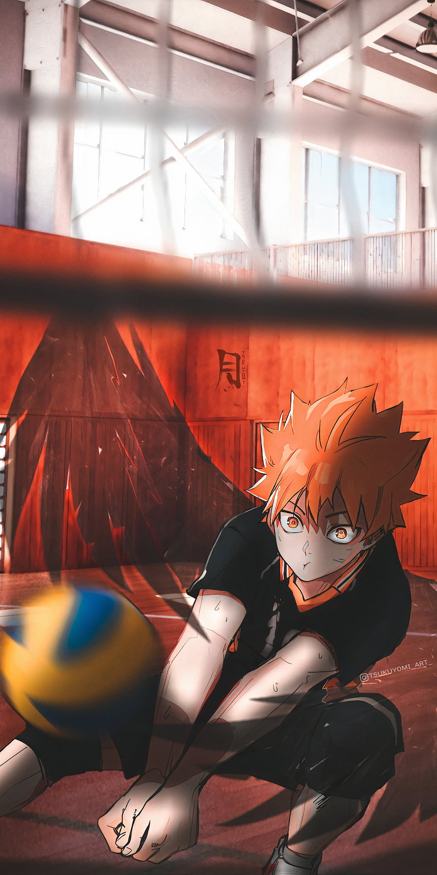 Hinata Shoyo from Haikyuu in a dramatic gymnasium scene with a volleyball HD phone wallpaper
