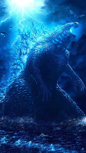 Godzilla Roaring in Electric Storm with Glowing Blue Dorsal Fins HD phone wallpaper